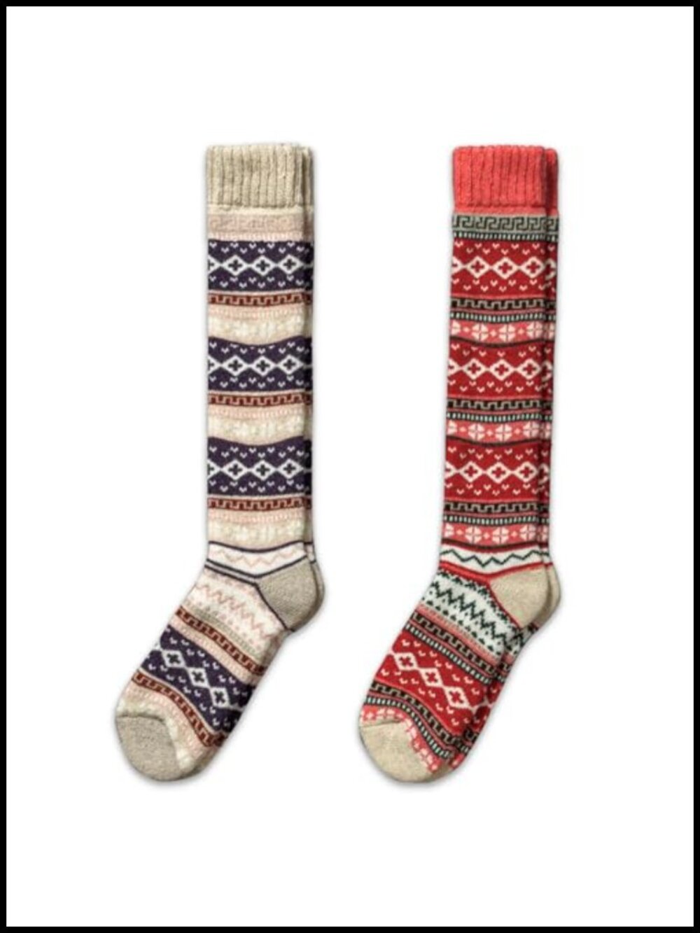 Merino Wool Knee High Socks 2 Pairs Warm Unisex Nordic Geometric